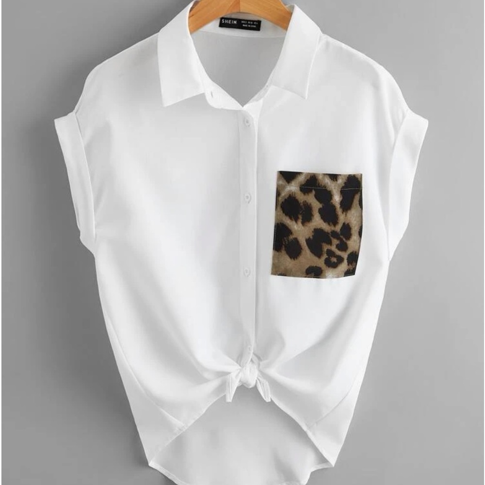 SHEIN EMERY ROSE Rolled Cuff Top with Cheetah Pocket